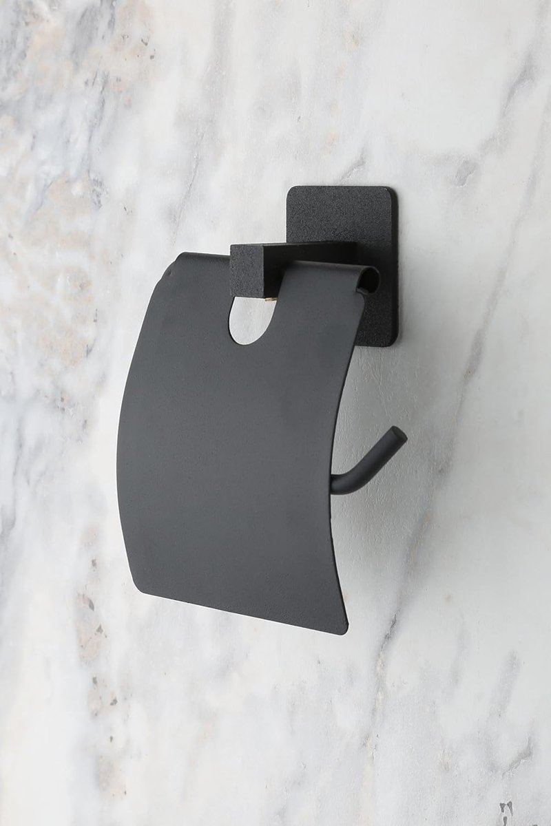 Kare Kapaklı Tuvalet Kağıtlığı Siyah, Yapışkanlı ve Vidalı Montajlı Metal WC Kağıtlık, Modern Banyo Tuvalet Kağıdı Askısı