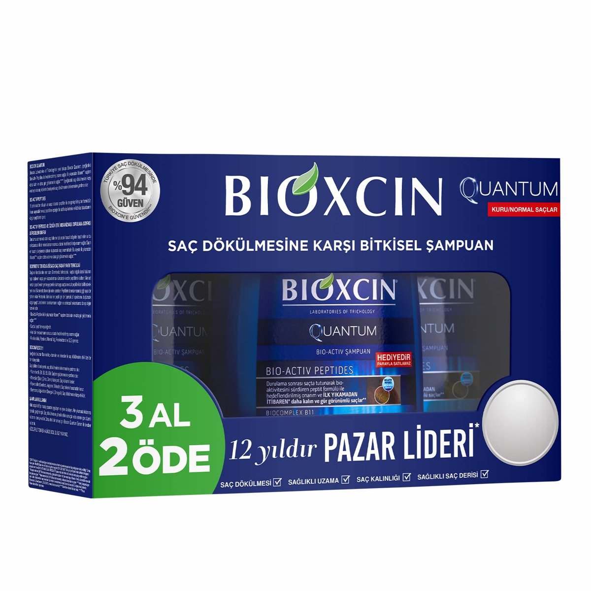 Bioxcin Quantum Şampuan – Kuru ve Normal Saçlar İçin – 3x300 ml – Dökülme ve İncelme Karşıtı – Bio-Activ Peptit, BioComplex B11, Bal ve Mentol İçerikli
