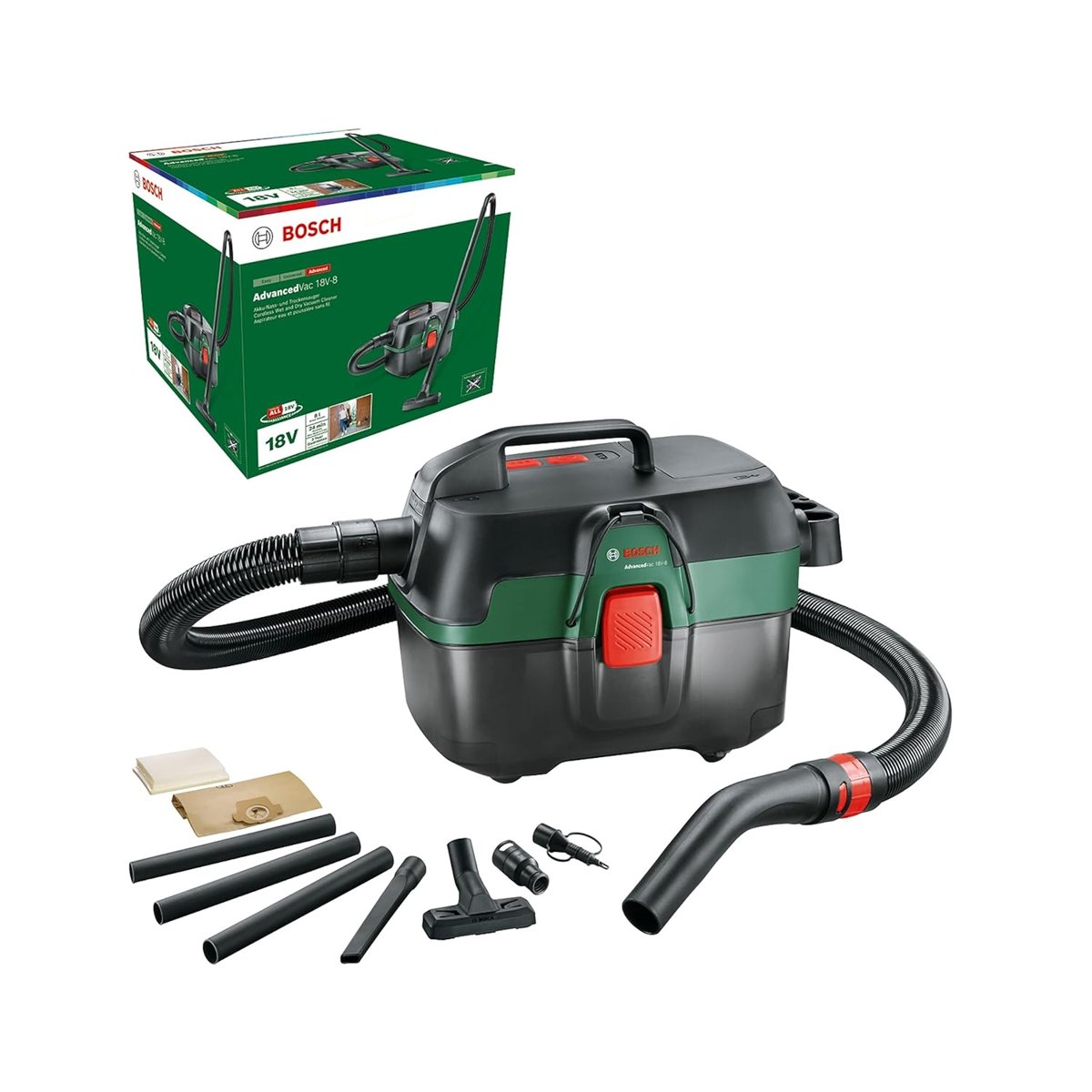 Bosch AdvancedVac 18V-8 akülü ıslak ve kuru elektrikli süpürge (aküsüz, 18 Volt sistem, aksesuar seti ile, kartonda), test notu: çok iyi (şarjör: Mann kendisi mi)