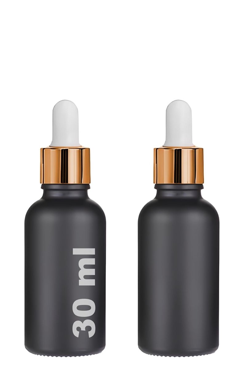 30 ml Mat Siyah Cam Damlalıklı Serum Şişesi 30 cc Renkli Metal Kapaklı Dropper Cam Şişe 2 Adet (Gold