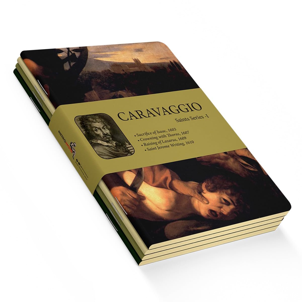 Retronote Saint Series I - A6, Caravaggio 4'lü Defter Seti III, Çizgisiz, Toplam 192 Sayfa, Her biri 48 Sayfa, Tel Dikiş, Esnek Kapak, Oval Kenar, Tuval Doku, 60 gram, Sarı Krem Renk, çok renkli