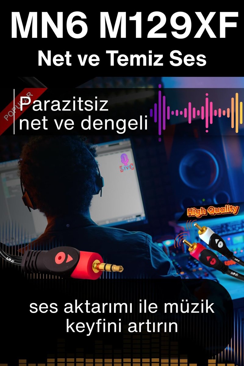 MN6 M129XF 3.5mm AUX to 2 RCA Stereo Ses Kablosu, Erkek-Erkek, 5 Metre