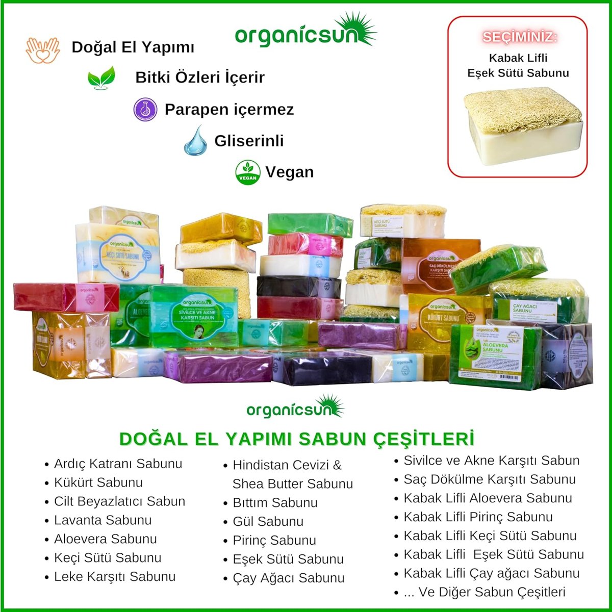 Organicsun Doğal Kabak Lifli Eşek Sütü Sabunu 120 Gr x 3 Adet Tüm Cilt Tipleri İçin Kırışıklık ve Yaşlanma Karşıtı B ve E Vitaminli