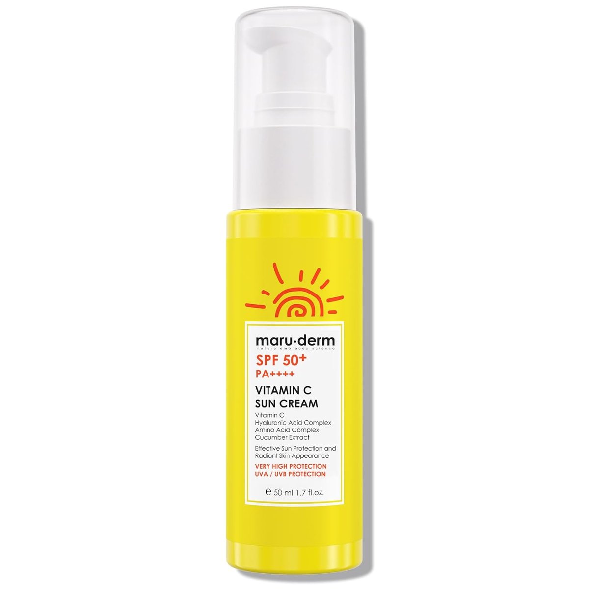 Maruderm SPF 50+ C Vitaminli Güneş Kremi – Aydınlatıcı ve Nemlendirici Geniş Spektrum Güneş Koruyucu, Hyaluronik Asit  Seramid ile, 50 ML