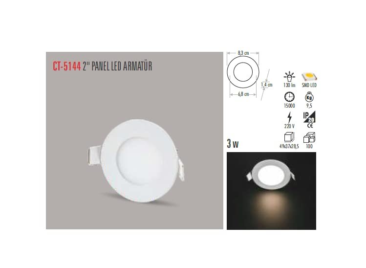 CATA CT-5144-G Panel LED Slim Yuvarlak Spot 3 W 3000K Gun Işığı Beyaz Gövde