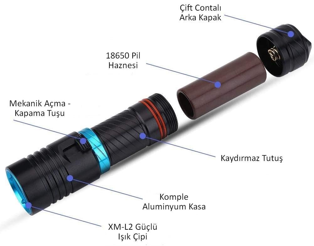 Valkyrie Profesyonel Şarjlı Su Altı Dalış Feneri Metal Kasa Yüksek Aydınlatma Su Geçirmez 2000mAh Kutulu