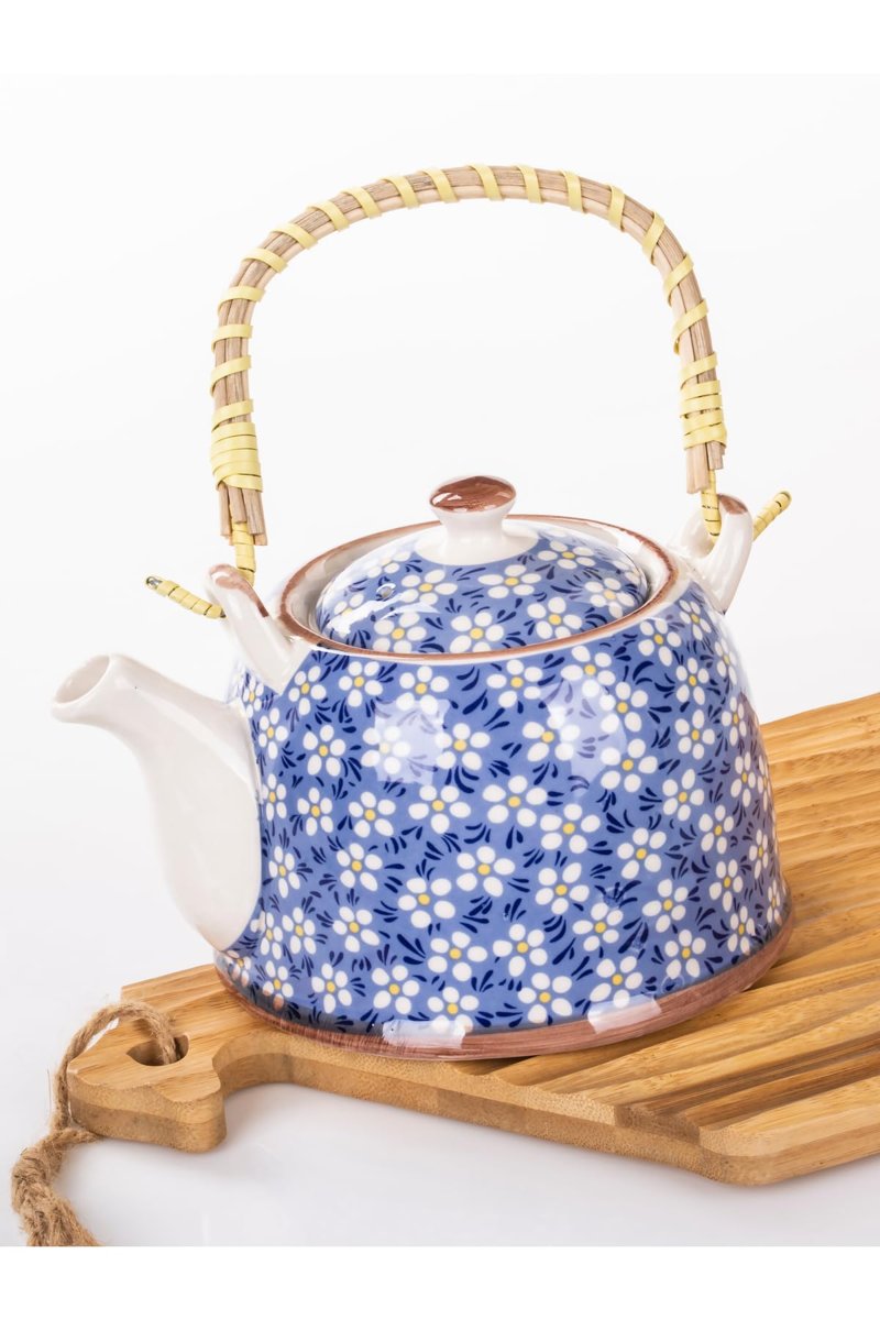 Mukko Home Hasır Saplı Porselen Demlik Çiçek Desenli, 900Ml Çay, Kahve, Bitki Çayı Sunum, FAN17
