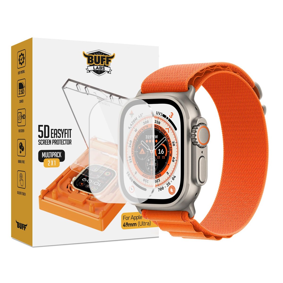 BUFF LABS Watch Ultra 2/Ultra Uyumlu 49mm EastFit 2 Adet Ekran Koruyucu, Uygulama Aparatlı, Tam Kaplayan, Yüksek Hassasiyetli, Slim