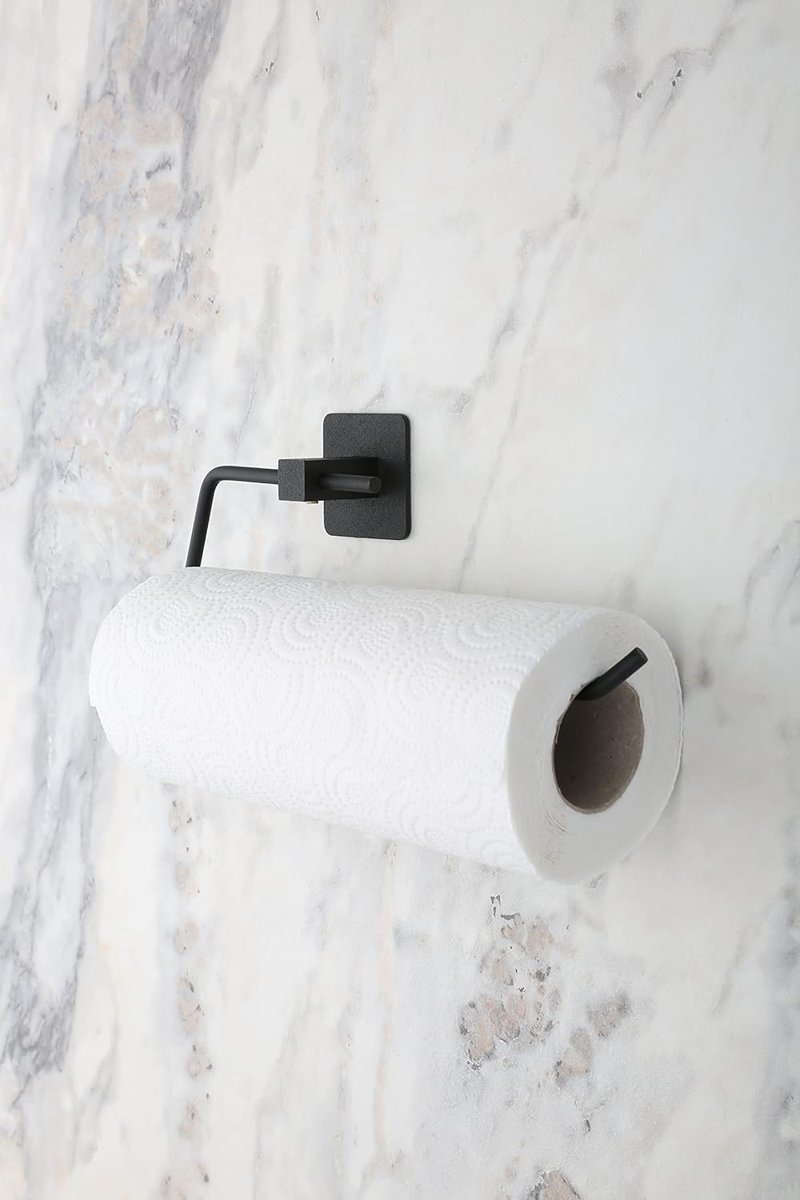 Siyah Kare Kağıt Havluluk, Yapışkanlı ve Vidalı Montajlı Duvara Monte Rulo Havlu Askısı, Mat Siyah Mutfak ve Banyo Aksesuarı