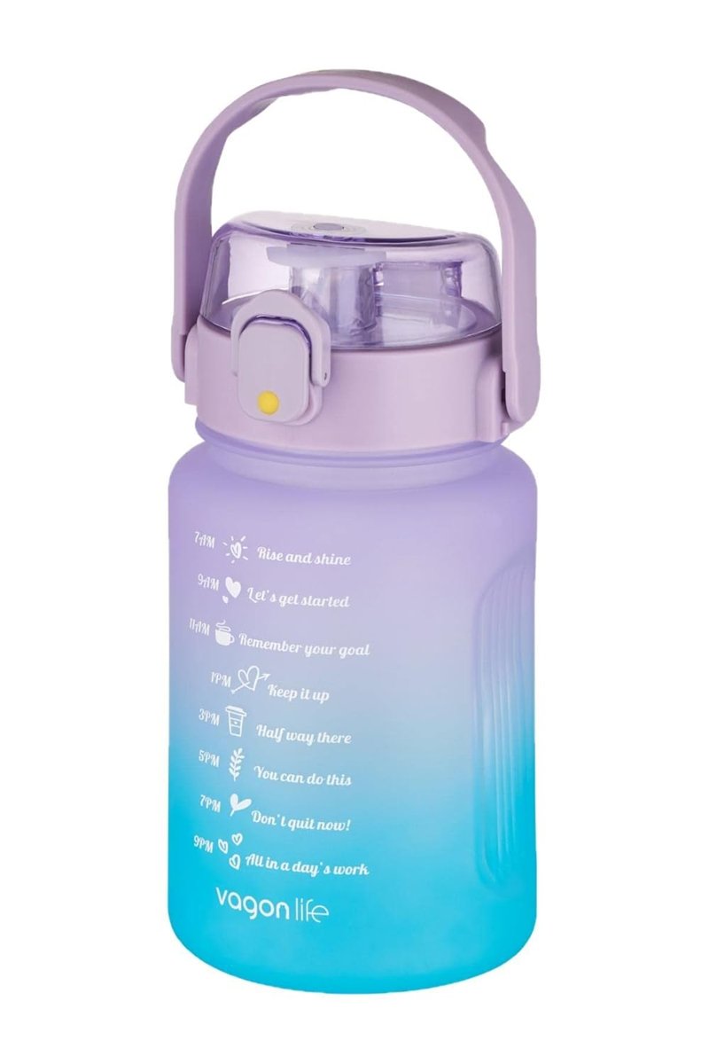Vagonlife 1000 ml Pipetli/Pipetsiz Kullanım Çift Renk SoftTouch Motivasyon Matarası Sticker Hediyeli Mor