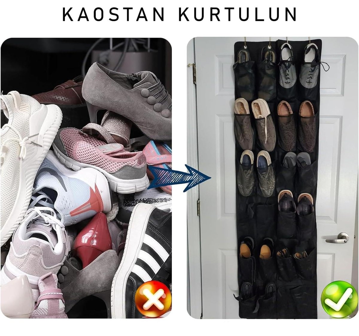 Valkyrie Kapı Arkası Ayakkabı Organizer 24 Gözlü – Askılı Dolap İçi Düzenleyici 4 Kancalı Siyah