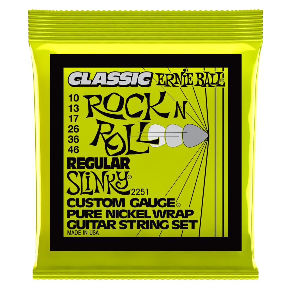 Ernie Ball Regular Slinky Klasik Rock 'N' Roll Elektro Gitar Telleri, Saf Nikel Sargı, Ölçü 10-46
