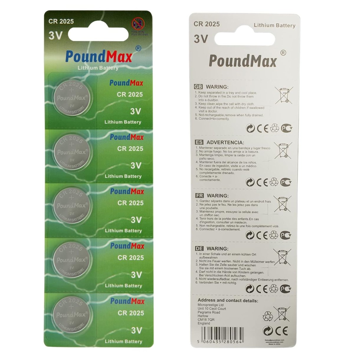 PoundMax 5 x CR2025 lityum düğme pil, 3 V pil, sızdırmaz, cıva içermez, uzun ömürlü – Elektronik küçük cihazlar, araba anahtarları, uzaktan kumandalar, tıbbi ve akıllı ev cihazları için
