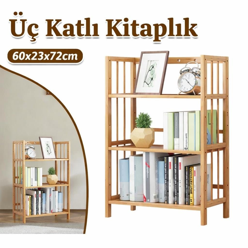 Valkyrie 3 Katlı Bambu Kitaplık 60x23x72 cm Doğal Ahşap Görünümlü Çok Amaçlı Dekoratif Raf