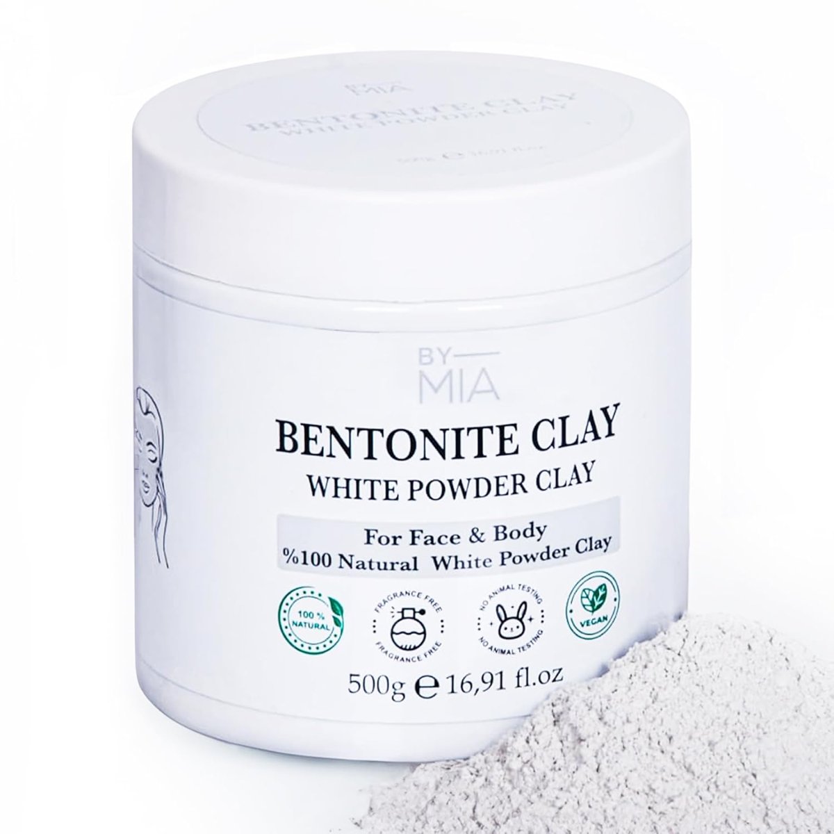 BY MIA Yüz ve Vücut Bentonit Kili%100 Natural Doğal Beyaz Toz Kil 500 gr