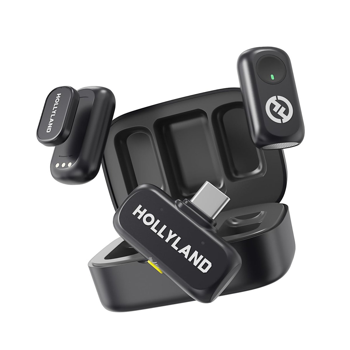 Hollyland LARK A1 Kablosuz Mini Mikrofon, iPhone 15/16 ve Android için, 48 kHz/24 bit, 3 Seviyeli Akıllı Gürültü Engelleyici, YouTube, Podcast, Vlog için Mikrofon (Siyah, 2TX + USB-C RX + Şarj Kılıfı)