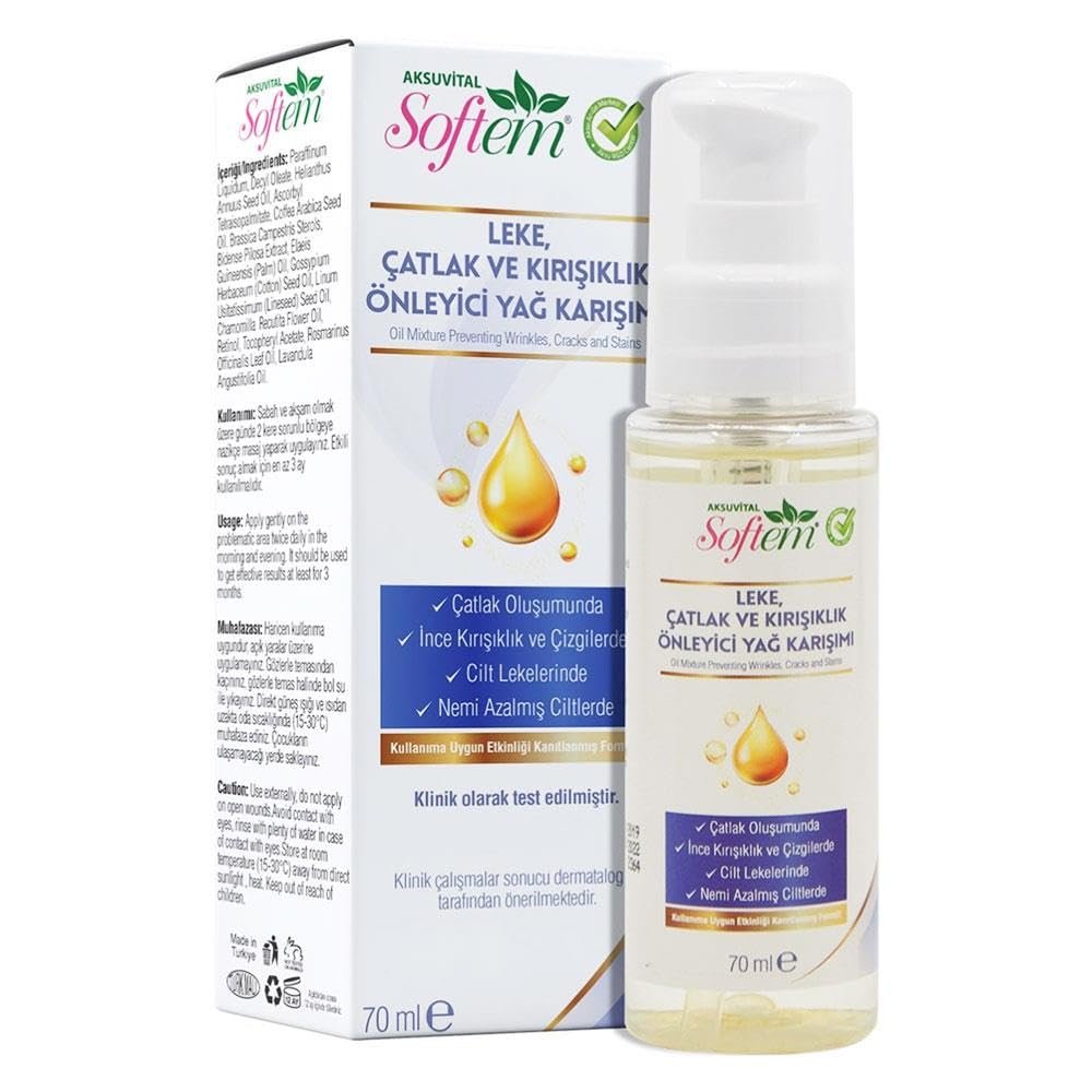 Softem Leke Çatlak Kırışıklık Önleyici Yağ Karışımı 70 Ml | Bitkisel Yağ İçerikli Leke Giderici Bakım Yağı | Lavanta, Biberiye, Keten Tohumu, Kahve ve Papatya Yağlı Karışım, Cilt Nemlendirici