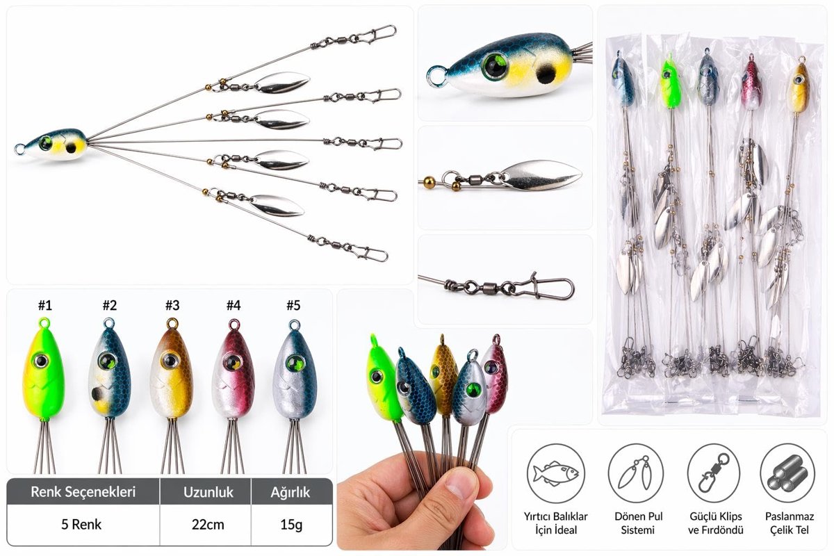 Valkyrie 5'li Alabama Rig 5 Kollu Fırdöndülü Levrek Şemsiyesi 16.8g 22cm – Spinner Kaşıklı Sahte Yem Sistemi