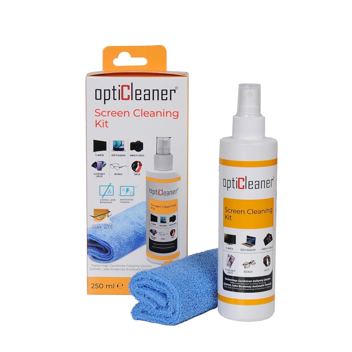 OptiCleaner Since 2003 LCD Ekran Temizleme Seti – 250 ml Sprey + Özel Mikrofiber Bez | Bilgisayar, Laptop, Tablet, TV, Telefon, Yazıcı, Kamera  Gözlük İçin Antistatik, Çizmez ve Parlatıcı