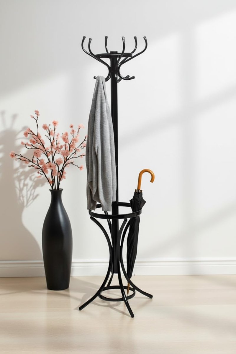 Askılık Portmanto, Metal Ayaklı Ev ve Ofis Kullanımı, Siyah, Metal Gövde, 35-40 cm Genişlik x 165 cm