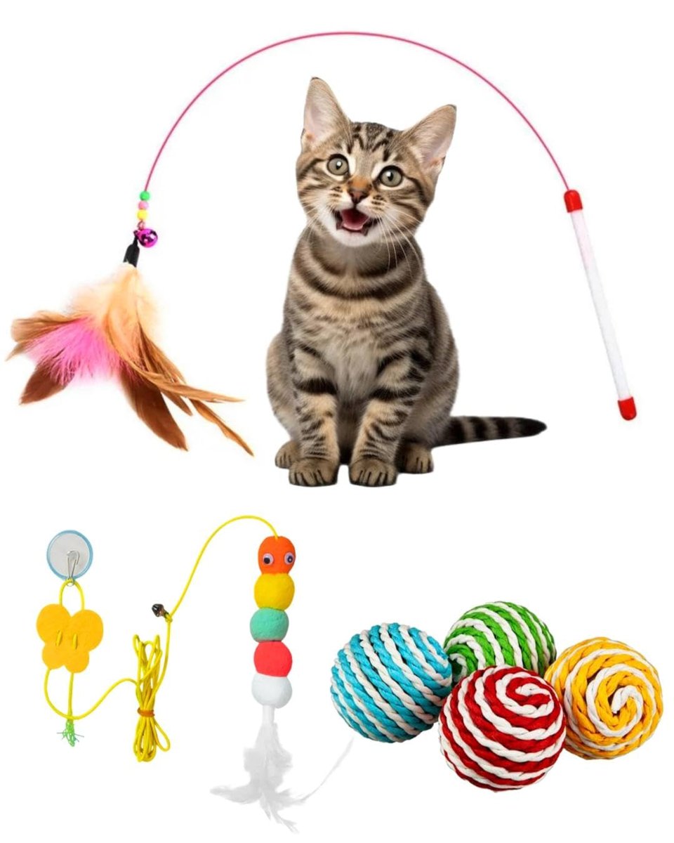 Kyrotech İnteraktif Kedi Oyuncağı Seti, Peluş oyuncak, kedi oyun oltası, avlanma Geliştirici, İp sarmalı Oyun Topu, Zeka Artırıcı Kedi Oyuncak Seti (3 Parça Set)
