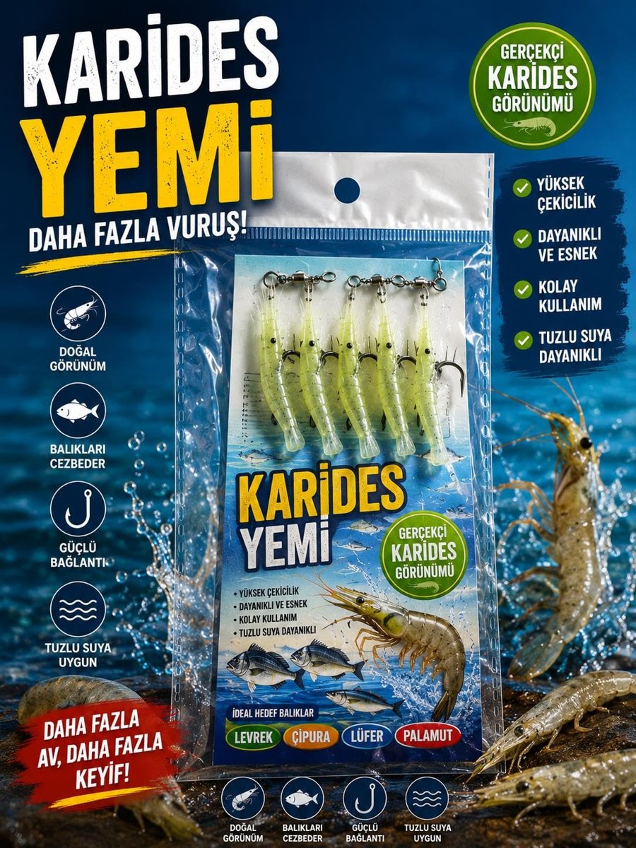 Valkyrie Fosforlu Silikon Karides Yem 5’li İğne x 5 Paket Hazır İğneli Gece Parlayan LRF Olta Yemi
