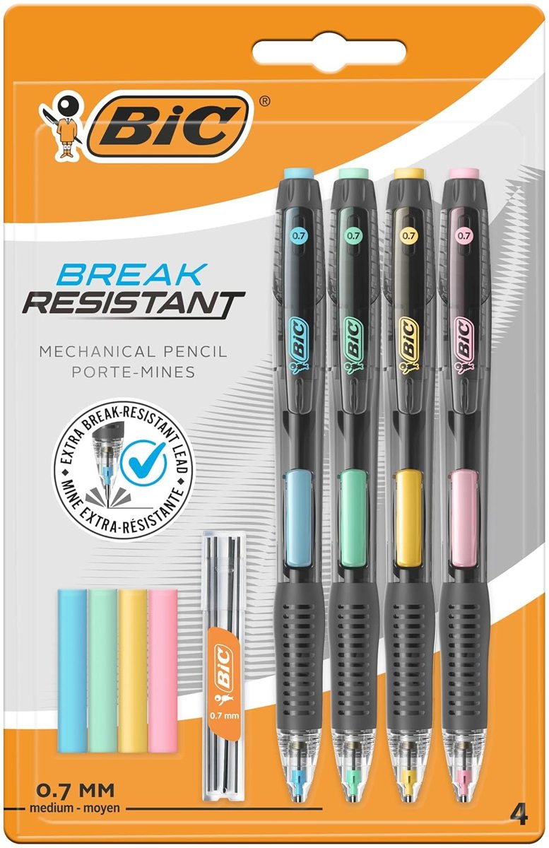 BIC Break Resistance 0.7mm Uçlu Kalem, 4'lü Blister Versatil Kalem, 4 Adet Silgi, 6 Adet Yedek Uç,Yandan Basmalı Sistem