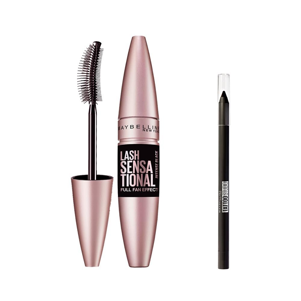 Maybelline New York Lash Sensational Yelpaze Etkili Intense Black Maskara - Ekstra Siyah 9.5 ml  Mini Tattoo Liner Gel Pencil Makyaj Seti