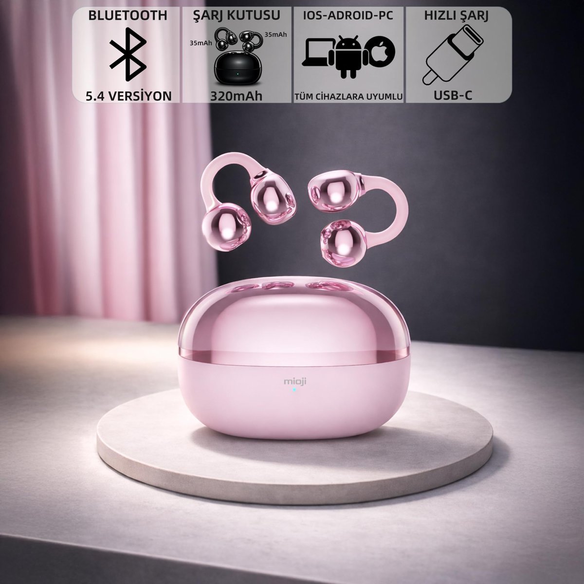 Mioji Air Buds 2 Kablosuz 5.4 IOS Android Windows PC ve Tüm Telefonlar ile Uyumlu Bluetooth Kulaklık - Pembe