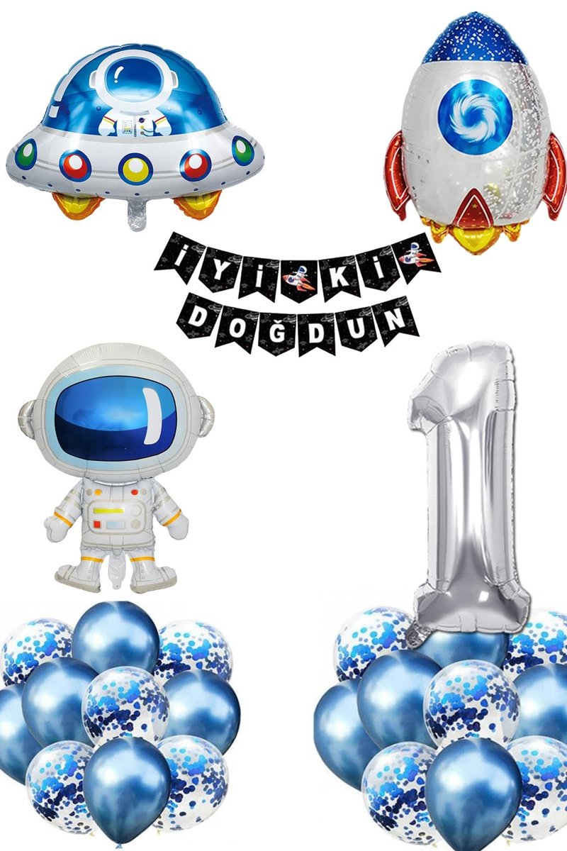 Patladı Gitti Uzay Konsepti Doğum Günü Parti Kutlama Seti; Astronot, Ufo Ve Uzay Gemisi Folyo Balon Set