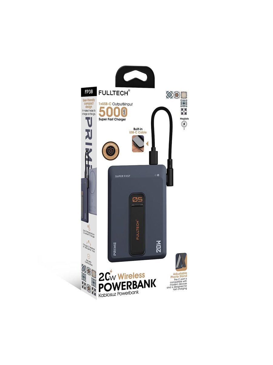 Fulltech FP38 5000 mAh MagSafe Kablosuz Powerbank | 20W PD Hızlı Şarj | Manyetik Tutucu | USB-C & Çift Çıkış