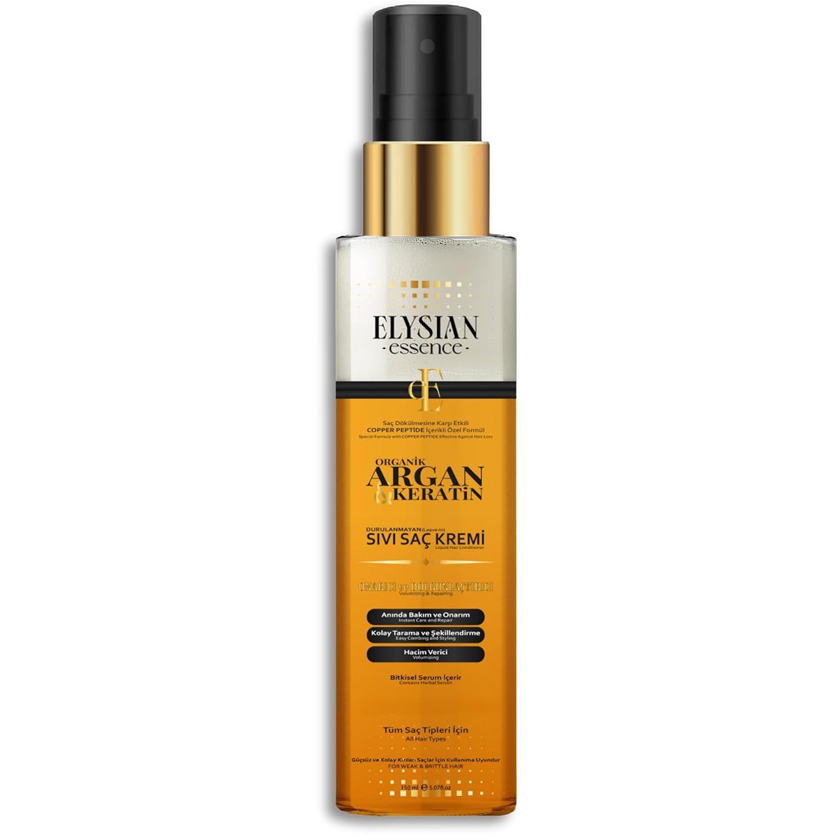 Elysian Essence Organik Argan & Keratin Sıvı Saç Kremi – Durulanmayan, Dökülme Karşıtı, Onarıcı ve Dolgunlaştırıcı Bakım Spreyi 150 ML