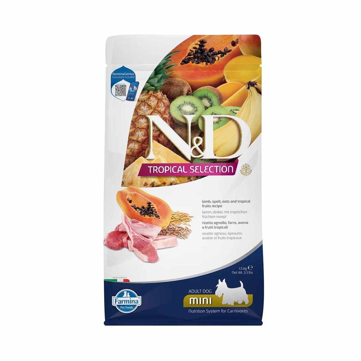 ND ND Tropical Selection Kuzu Etli ve Tropikal Meyveli Mini Irk Yetişkin Köpek Maması 1,5 Kg