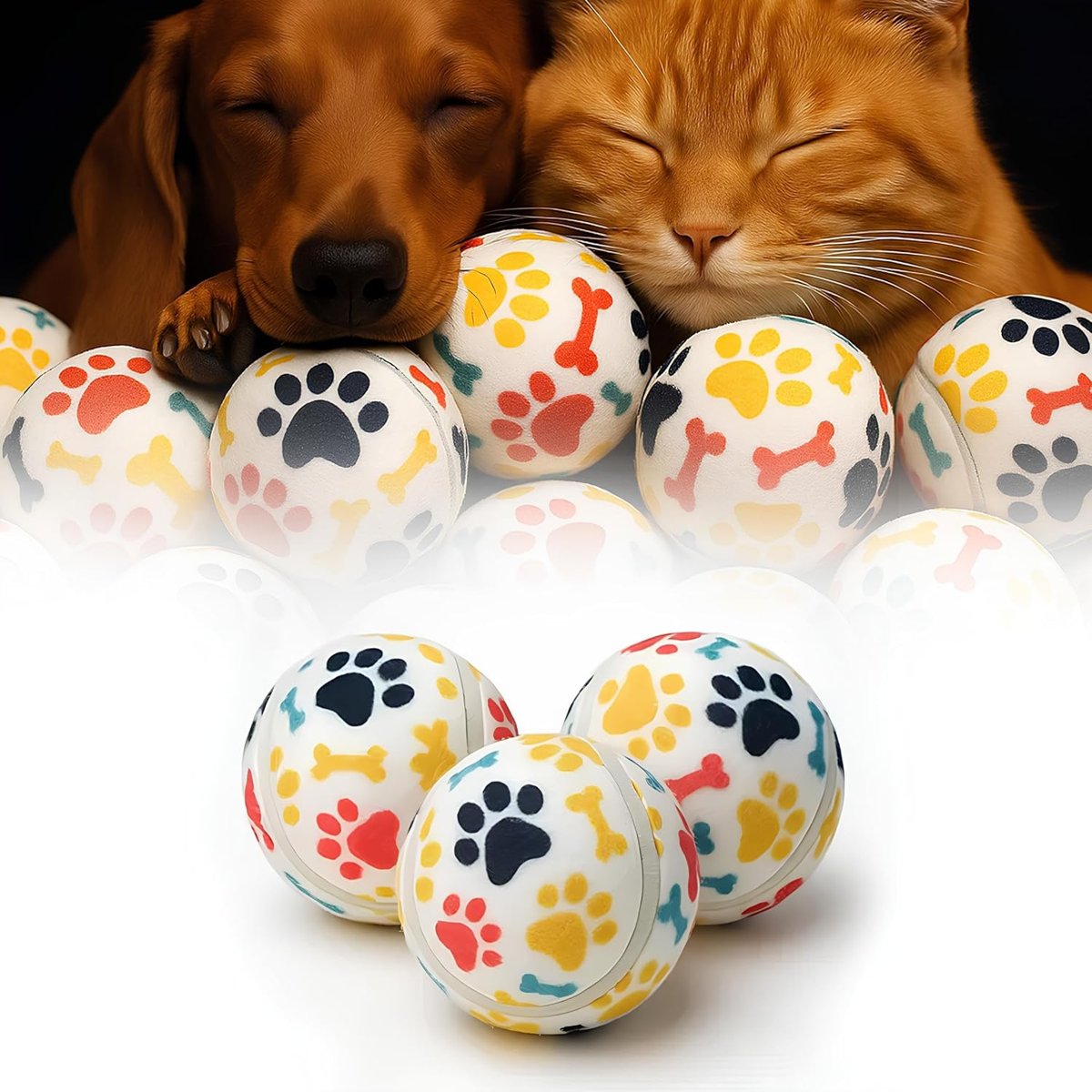 Kanji 3'lü Kedi Köpek Tenis Topu | 6.5 cm Orta Boy Renkli Pati Desenli Dayanıklı Oyuncak | Diş Dostu, Suda Batmaz, Eğitim ve Oyun Topu | Beyaz Zemin, İç-Dış Mekan Uygun
