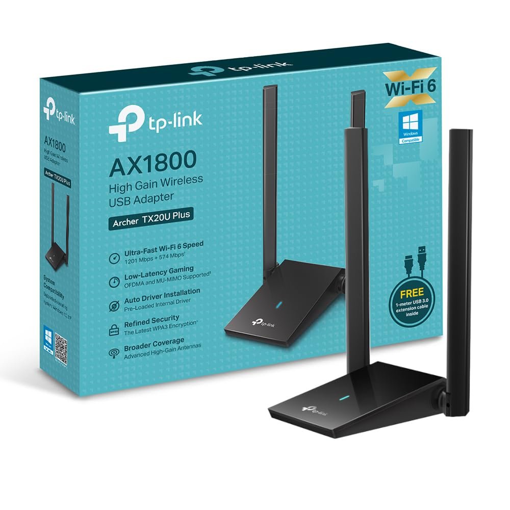 TP-Link Archer TX20U Plus, AX1800 Mbps Çift Antenli Yüksek Kazanımlı Kablosuz USB Adaptör, 1 metre U