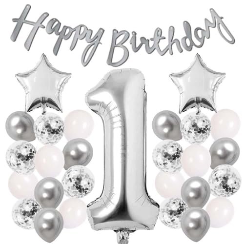 Gumus Konsept Dogum Gunu Kutlama Seti Beyaz Gumus Konfetili Balon Rakam Yıldız Folyo ve Banner (1 Yaş)