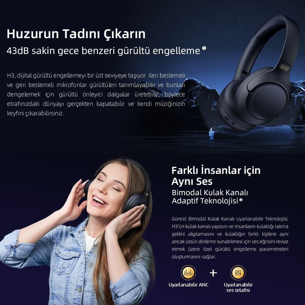 QCY H3 Hybrid ANC Hi-Res Bluetooth 5.4 Kafaüstü Kablosuz Kulaklık Çift Cihaz Desteği Mavi