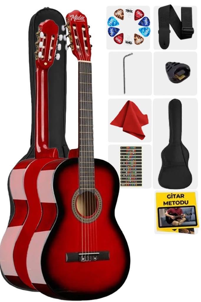 Midex CG-270RD Kırmızı Renk Klasik Gitar 4/4 Yetişkin Boy Sap Ayarlı Full Set