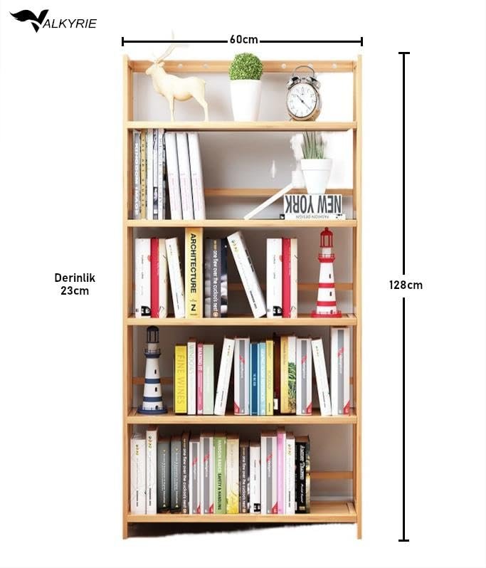 Valkyrie 5 Katlı Bambu Raf Kitaplık 60x23x128 cm Çok Amaçlı Düzenleyici Dekoratif Organizer