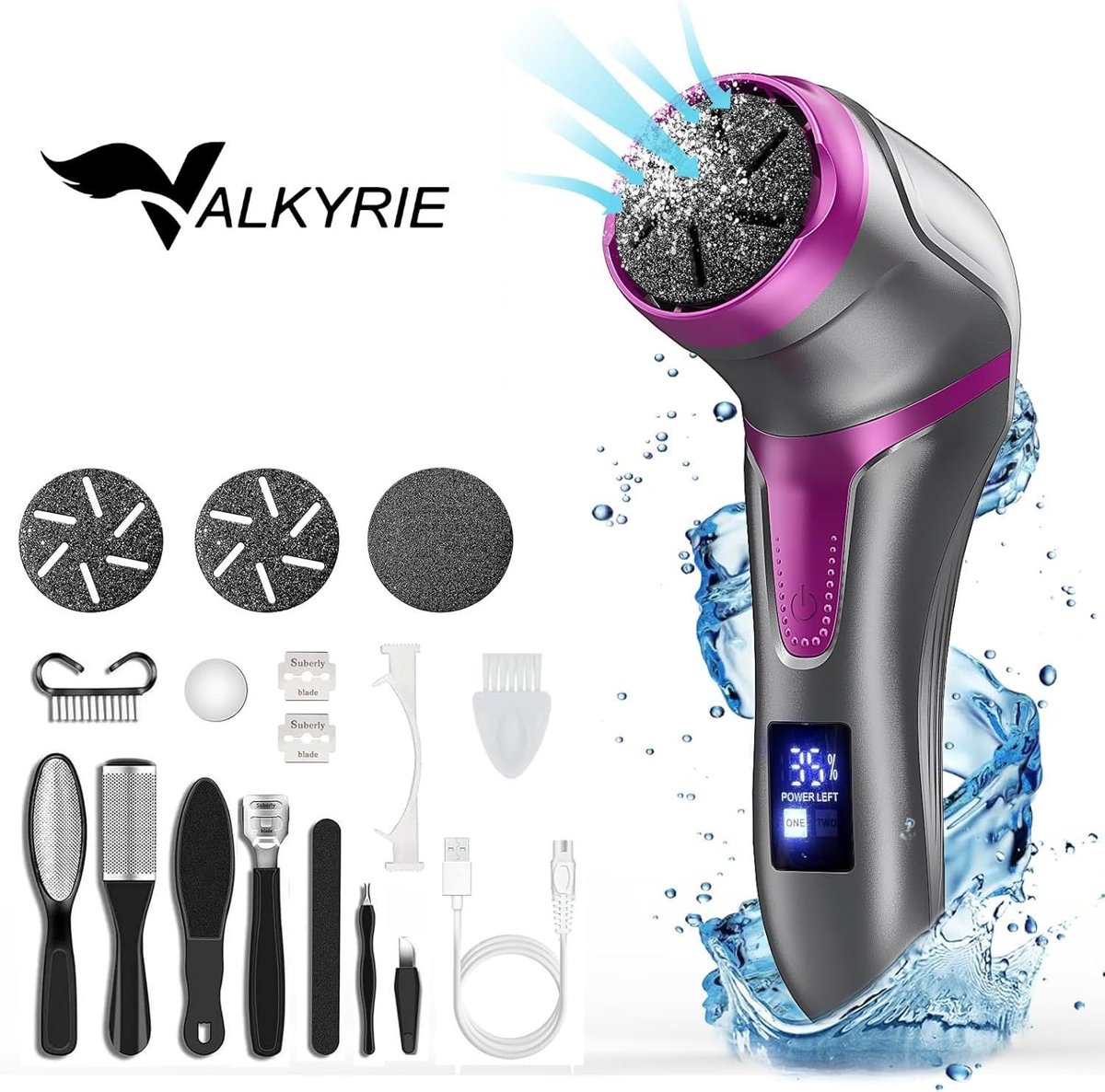 Valkyrie Profesyonel Ayak Bakım Cihazı 360° Dönen Başlık Dijital Ekranlı, Şarjlı & 10 Parça Pedikür Kiti Mor