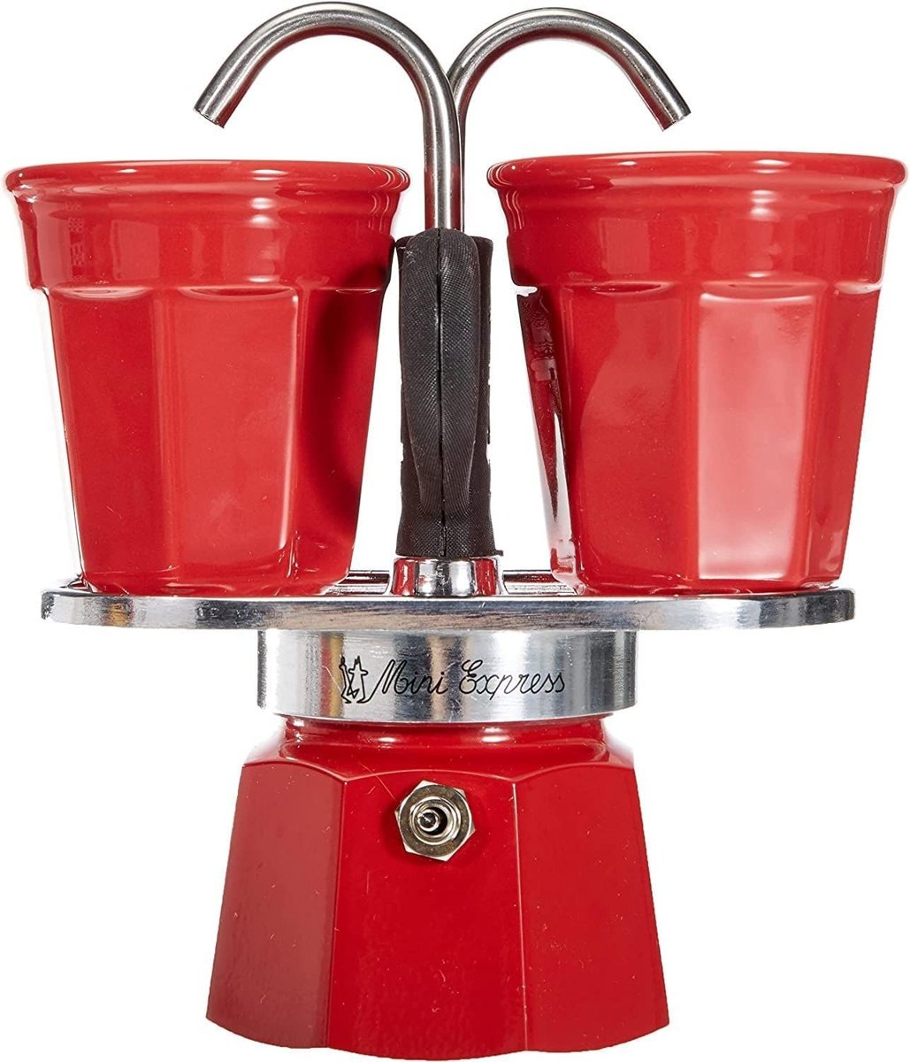 Bialetti - Set Mini Express: Ocak Üstü Espresso Pişirici + 2 Cups - Renk Kırmızı
