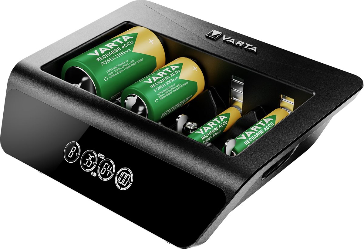 VARTA Akü şarj cihazı, şarj edilebilir AA/AAA/C/D/9V ve USB cihazlar için, LCD Universal Charger+, tek yuvalı şarj, donanımsız, siyah
