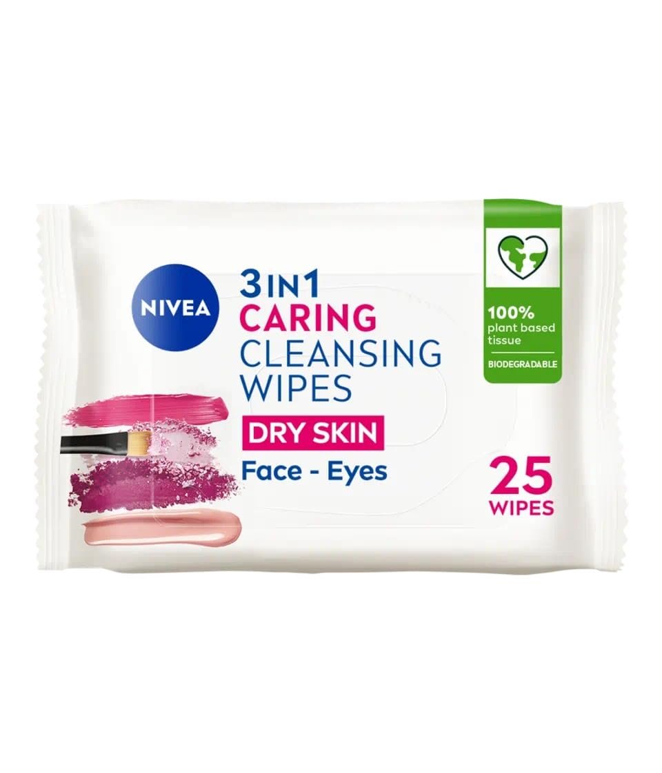 NIVEA 3'ü1 Arada Nazik Makyaj Temizleme Mendilleri (25 adet),Kuru Ciltler,Yüz ve Göz için,Suya Dayanıklı Maskara ve Makyaj Temizleme