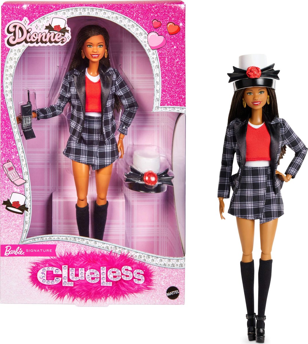 Barbie Signature oyuncak bebek, Clueless Dionne koleksiyoncu mankeni, siyah-beyaz kareli takım elbise, silindir ve cep telefonu aksesuarı, JBJ47