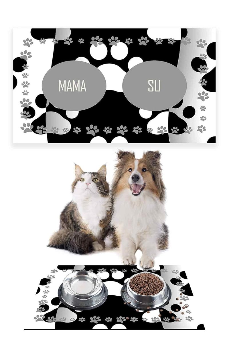 Monnhein Siyah Beyaz Pati, Kedi Köpek Mama ve Su Altlığı, Mama Paspası, Kedi Köpek Mama Eğitim Paspası 50x35cm