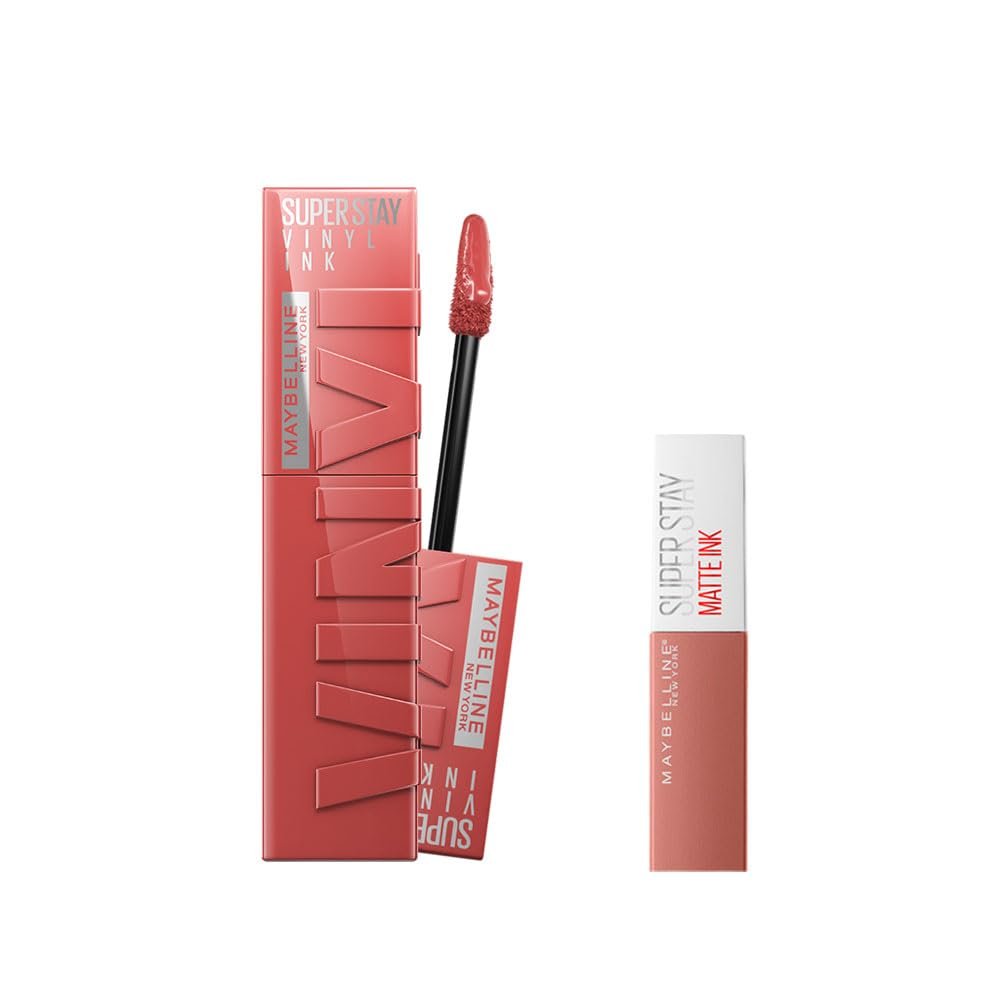 Maybelline New York Super Stay Vinyl Ink Uzun Süre Kalıcı Likit Parlak Ruj 15 Peachy  Mini Super Stay Matte Ink Likit Mat Ruj 65 Seductress Makyaj Seti