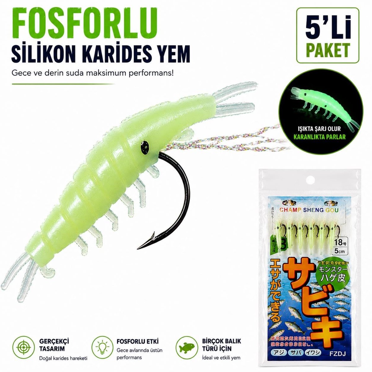 Valkyrie Fosforlu Silikon Karides Yem 5’li İğne x 5 Paket Hazır İğneli Gece Parlayan LRF Olta Yemi