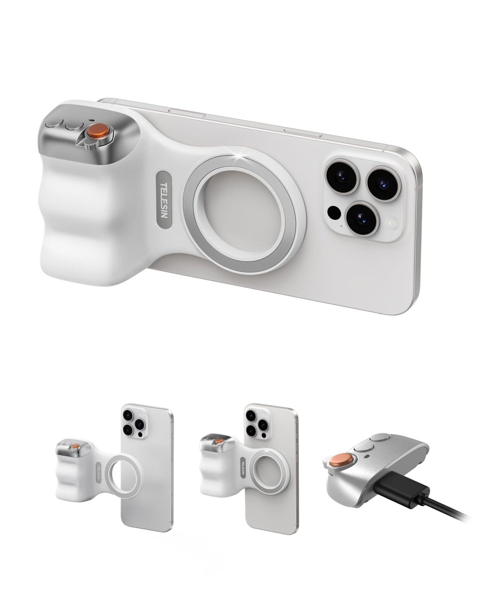 TELESIN Fun Shot Manyetik Telefon Kamera Kavrama iPhone ve Android için Çıkarılabilir Kablosuz Deklanşör Uzaktan Kumanda, 1/4" Tripod Vida, Konforlu Ergonomik Kamera Kavrama Kolu Tutucu