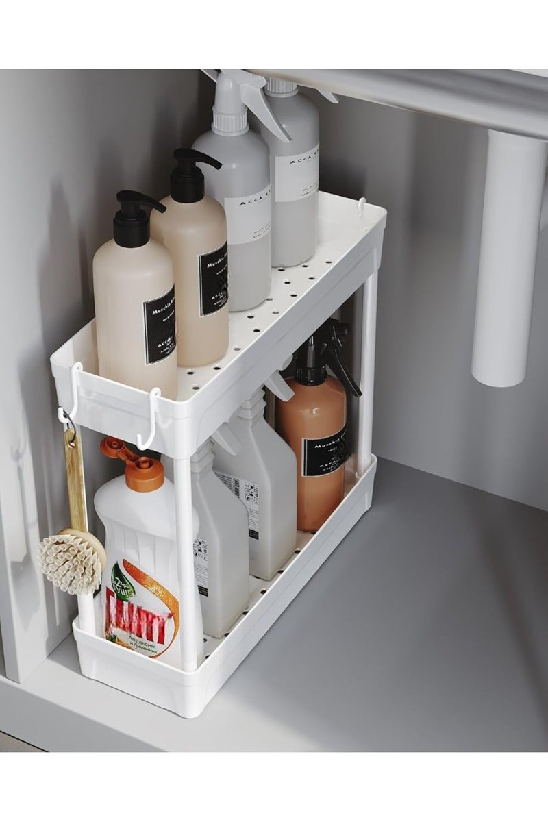 ATA HOME Rafata Çok Amaçlı 2 Katlı Evye Altı Düzenleyicisi Askılı Banyo Düzenleyici Dolap İçi Organi