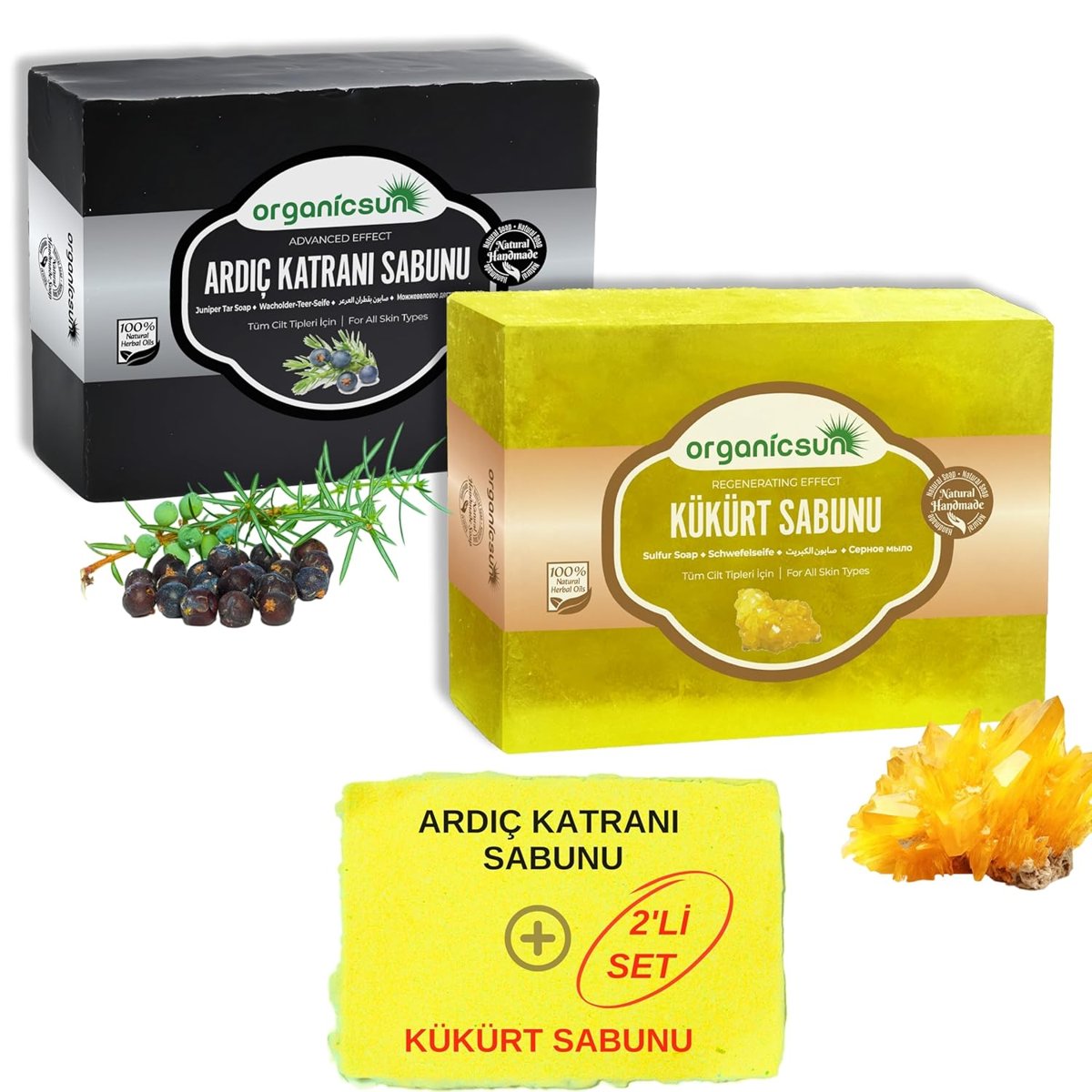 Organicsun 2'li Set Doğal Ardıç Katranı Sabunu ve Kükürt Sabunu Kaşıntı Karşıtı Sabun Seti